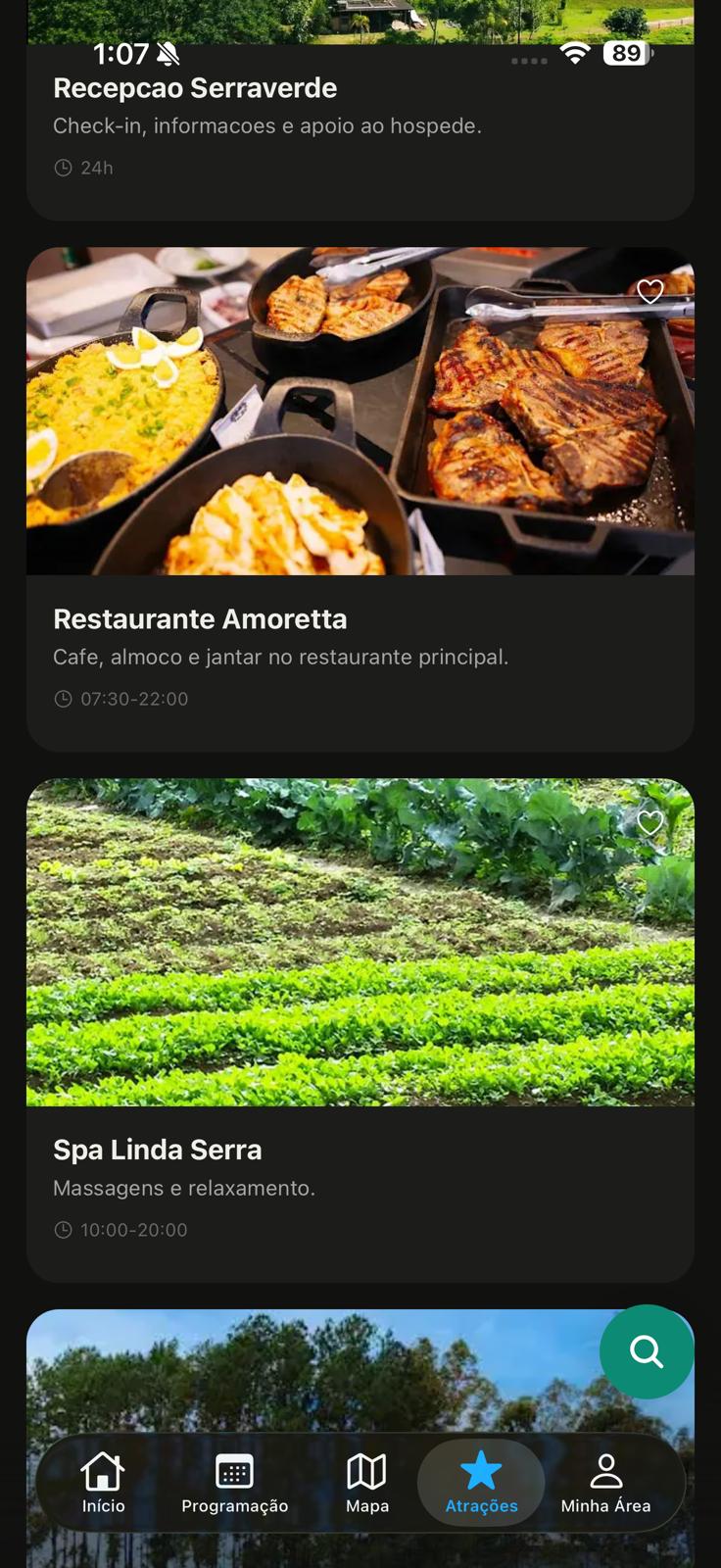 Atrações do hotel no aplicativo