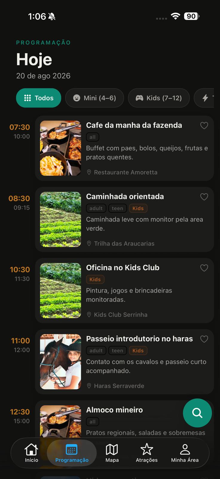 Programação do hotel no aplicativo